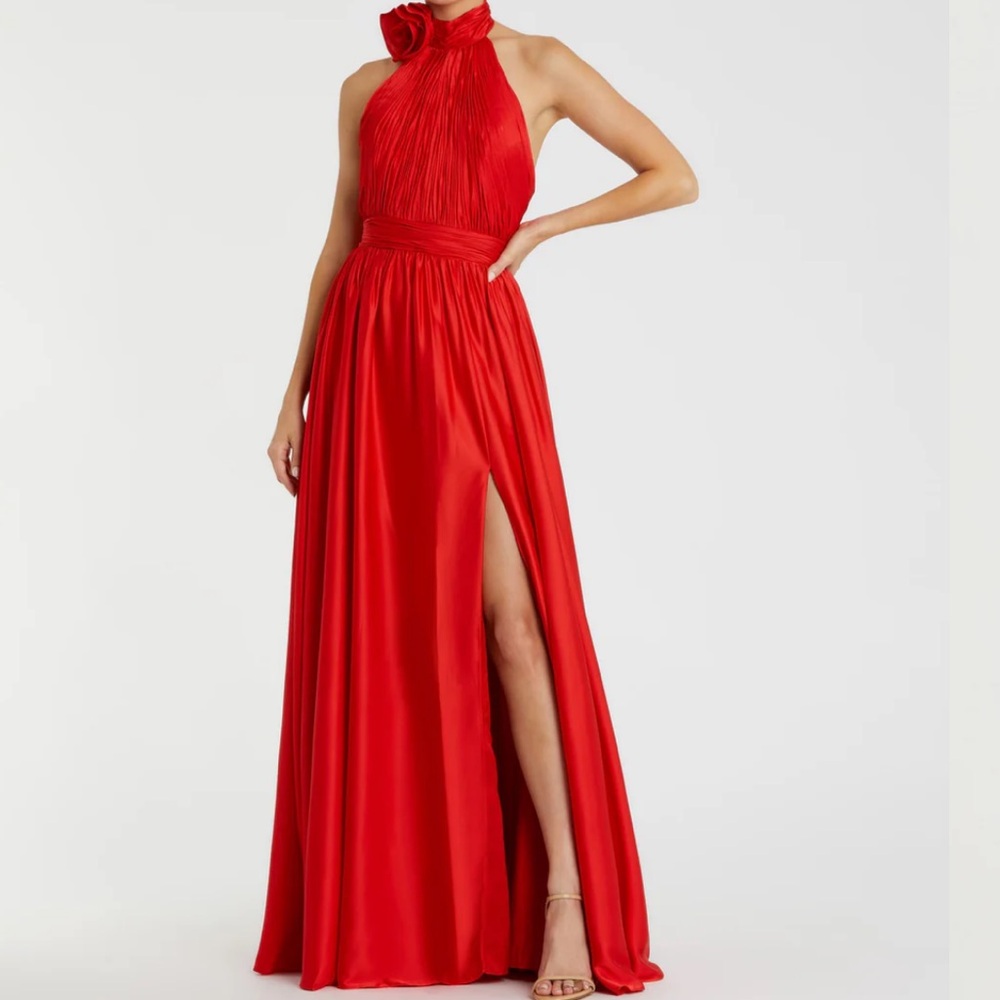 Mac Duggal Red Soft Tie Halter Neck High Slit Gown